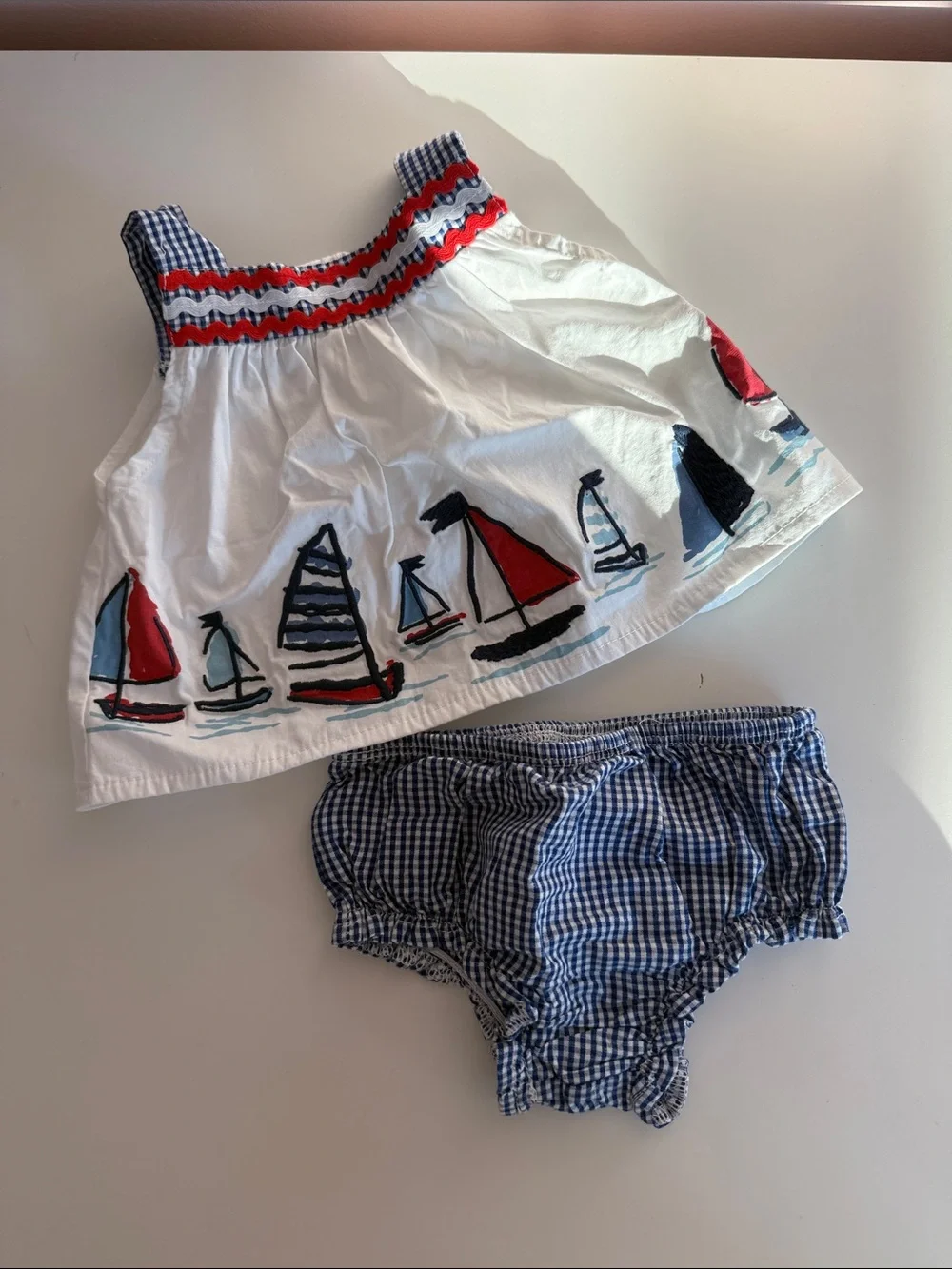 Baby Sailboat Embroidered Top & Gingham Bloomers - White & Blue